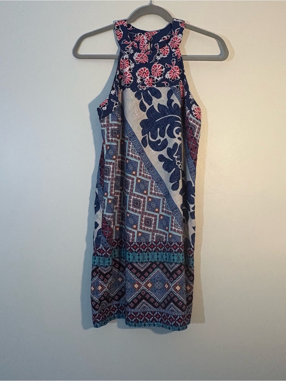 Monteau Mixed Print Midi Halter Dress in Navy and Pink